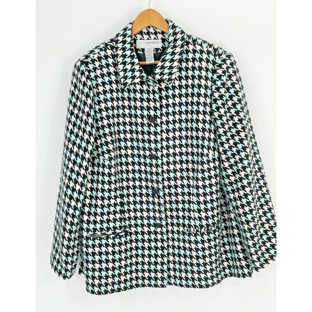 Sag Harbor Womens Plus Size 20W Jacket Blazer Houndstooth Blue White Black